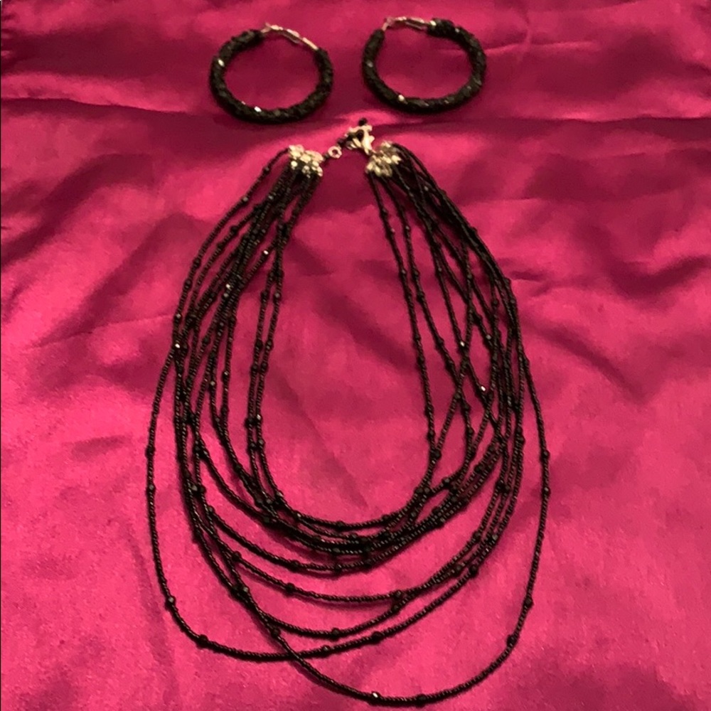 Black Beaded Necklace & Pair of Earrings - $11